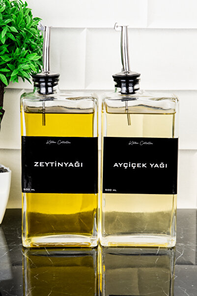 DNS HOME 2-Piece Glass Oil Pot Silver Cover 500 ml Oil Pot Set Sunflower Olive Oil Labeled Vinegar Sauce Pot