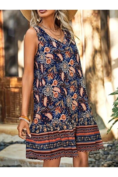 JANES Kadın Askılı V Yakalı Fırfırlı Desenli Süprem Kısa Elbise