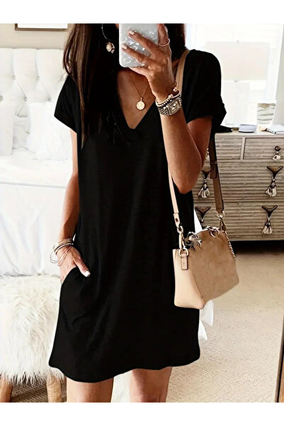 Viyamo Women's Short Sleeve V Neck Short Viscose Dress with Pockets