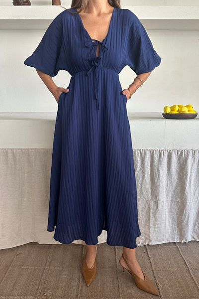 MODAVERA V-Neck Draped Dress - Navy Blue