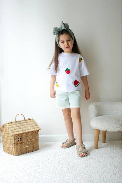 Narin kids Eid Combed Cotton Fruit Detailed Girl's Denim Shorts Suit