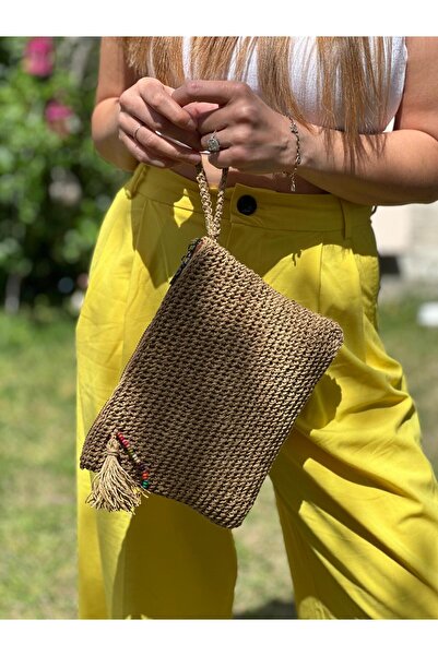 ORGANICMIRA Örgü El Çantası Portföy Hasır Çanta Cüzdan