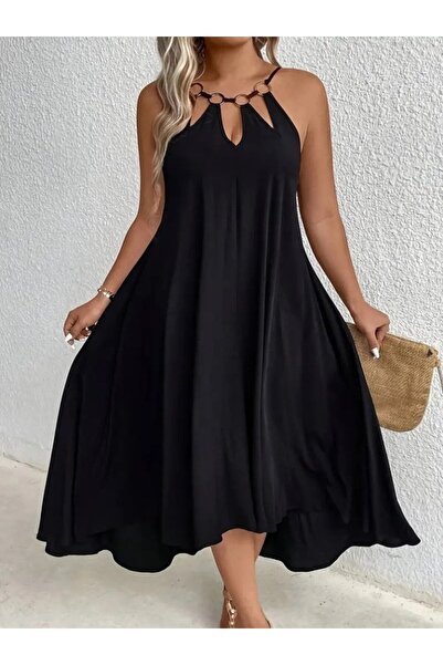 Viyamo Women's Halter Strap Drop Detailed Ring Asymmetrical Cut Viscose Dress