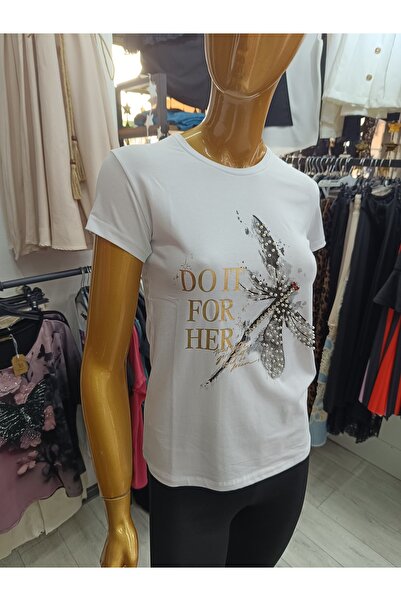 JUSTA طاقم الرقبة اليعسوب مطبوعة رقيقة بتمشيط القطن المرأة تي شيرت