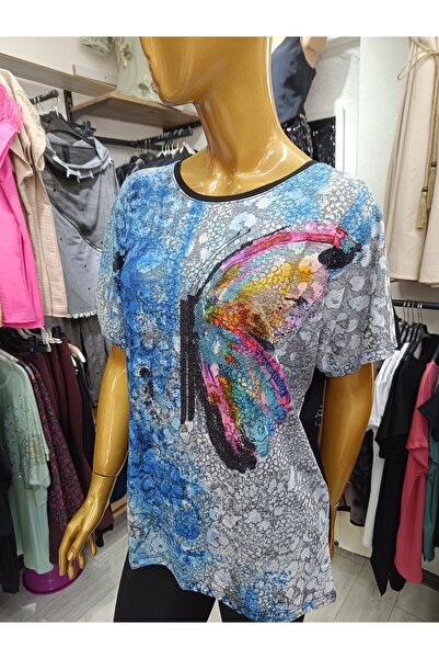 MODA بلوزة مطبوعة من الأمام بياقة دائرية قابلة للتمدد ومزينة بحجر الراين بمقا...