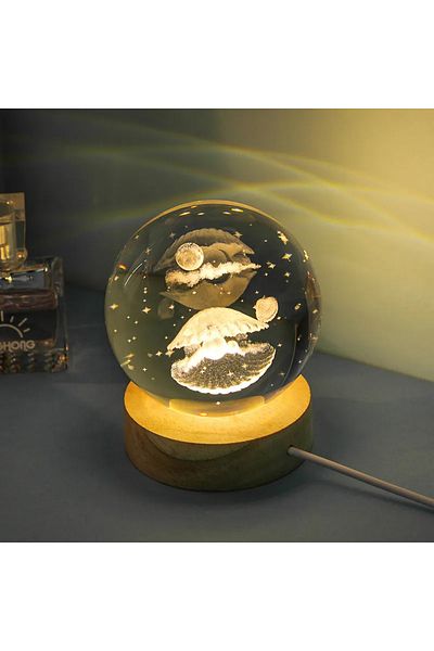 Easy Tedarik Illuminated Wooden Base Glass Globe Jellyfish