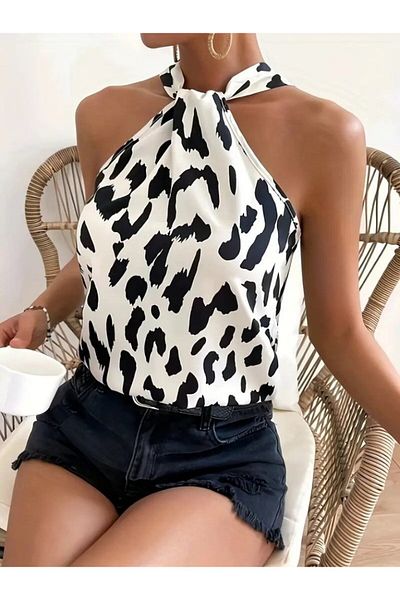 Moka Shopin Mokashopin Women's Off-The-Shoulder Halter Print Diver Blouse