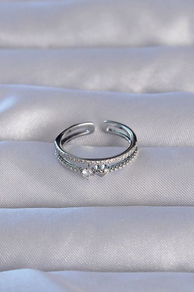 Skygo Brass Silver Color Zircon Stone Heart Waterway Model Adjustable Ring - Tj-Byk3220