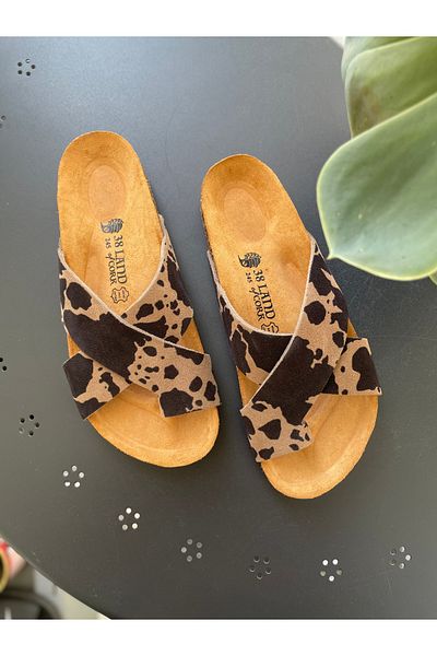Land of Cork Anatomical Natural Cork Sole Cow Animal Suede Flip Flops Women's Slippers