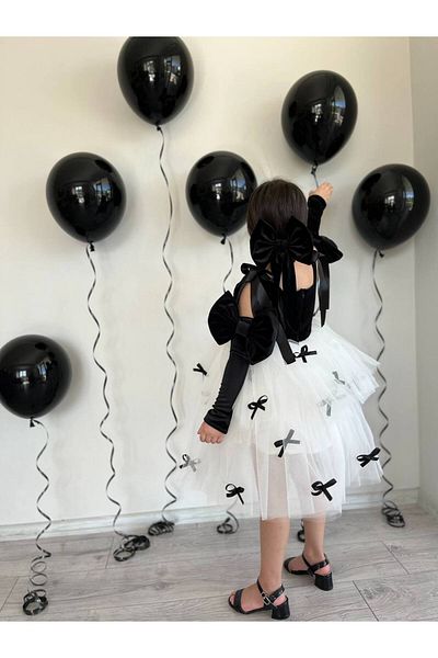 Sare Çocuk Giyim Black White Princess Girl Kid Party Birthday Fluffy Tutu Evening Dress Gown + Buckle + Bow Oversleeve