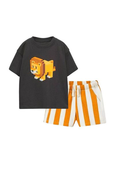 MİO Tricou băiat din bumbac cu imprimeu leu negru Set pantaloni scurți cu dungi portocalii - Set casual de 2