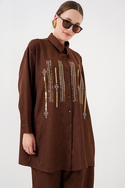 Moka Shopin Mokashopin Patterned Tunic Trousers Double Set 6720 - Brown