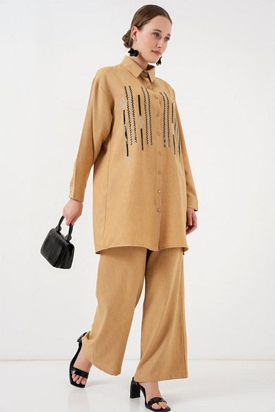 Moka Shopin Patterned Tunic Trousers Double Set 6720 - Biscuit