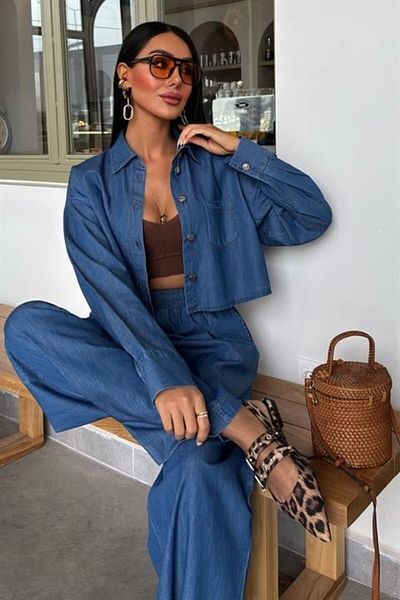 COTTONLAB Denim Shirt Plazzo Trousers Suit 10163-08