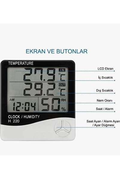 YAGO Htc-2 Saatli ve Alarmlı Dijital Termometre - Sıcaklık ve Nem Ölçer