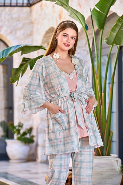 Cossy By Aqua 25631 Women's Powder Plaid Pattern Puerperium Pajama Set with 3 Pants