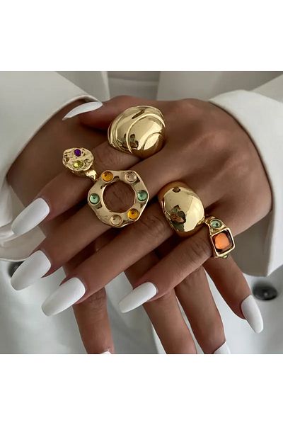 Takıtolia Zenya- Set of 5 Blue Orange Stone Stylish Design Vintage Multiple Gold Gold Bohemian Ring Set