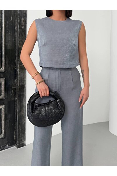 Nisa Luxury Boutique Women's Luxury Imported Fabric Crew Neck Blouse Pants Two Piece Set