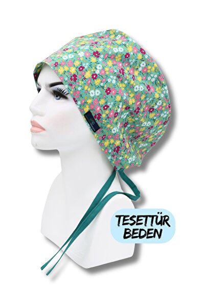 doktorbonem Tesettür Beden Yeşil Minik Çiçekler Bone Doktor Hemşire Sağlıkçı Hastane Bonesi
