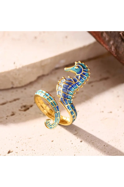 Takıtolia Ocean Okyanus Serisi Fransız Emaye Tasarım Paslanmaz Çelik Gold Altın Ayarlanabilir Denizatı Yüzük