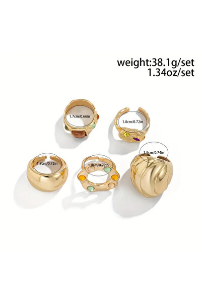 Takıtolia Zenya- Set of 5 Blue Orange Stone Stylish Design Vintage Multiple Silver Silver Bohemian Ring Set