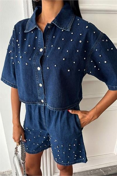 MRA Fashion Stone Detailed Shirt Shorts Denim Suit 10175