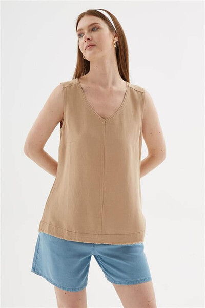 Fashion Friends V Yaka Keten Bej Kadın Bluz 25Y0530K1