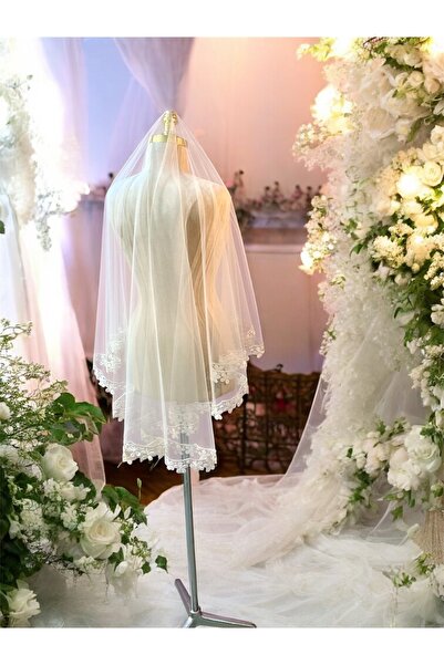 GÖKŞİN MODA ديزي جبر مطرزة قصيرة أوف وايت الحجاب الزفاف