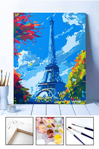 Sayılarla Boyama Seti - Paris Eyfel Kulesi | Tuval Şasesine Gerili 40x50 ölçü| Fırça ve Akrilik Boya
