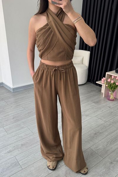 ECEMİ Reina Brown Halter Linen Suit