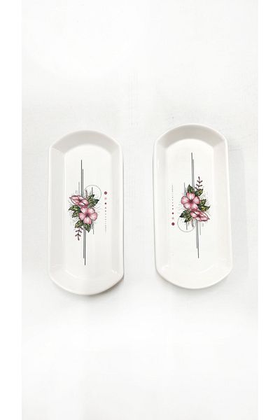 Babion 2 Pieces Artless Pink Ceramic Oval Boat Plate Gift Breakfast Set, Set 20cm