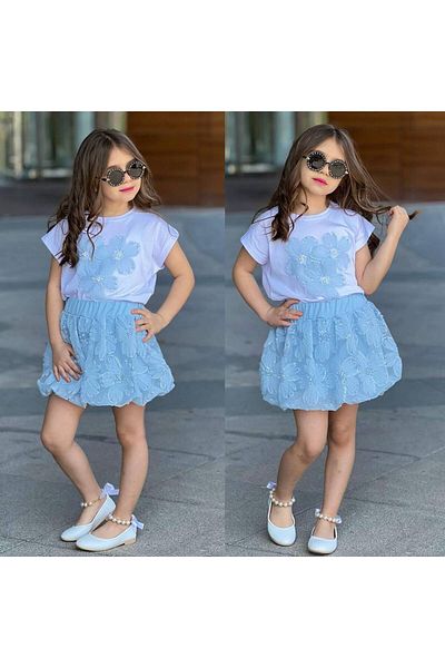 sinmm FETE DETALII PERLE FUSTA BALON TUL SUB-UP 2 PIESE SET CULOARE ALBASTRU