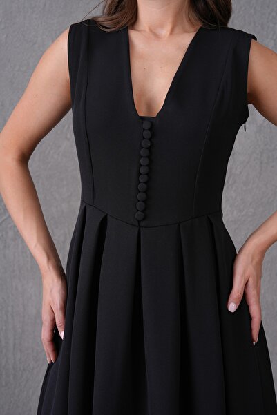 vuvutasarım Double Fabric Button Detailed Pleated Flared Cut V-Neck Midi Length Black Evening Dress 2182