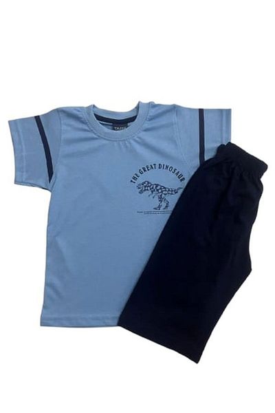 Tarık Set de pijamale Capri cu mânecă scurtă, 100% bumbac, pieptănat, albastru, negru, cu imprimeu de dinozauri