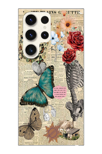 moonset Samsung Galaxy S22 Ultra Uyumlu Kelebek Kolaj Tasarımlı Baskılı Şeffa...