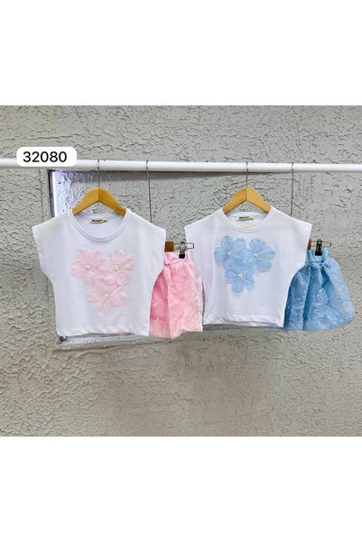 sinmm Girl's Tulle Balloon Skirt Bead Detailed Bottom-Top Set Pink Color