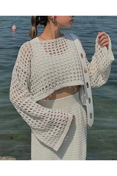 ASELLUNA Πλεκτό Mercerized Crop Πουλόβερ με Πέτρινες Τρύπες