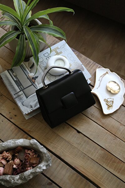 Moom Bag Women's Black Square Buckle Accessory Stone Handle Evening Dress Handbag Shoulder Bag