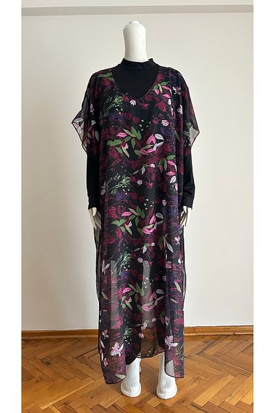 GİZGİYİM Floral Patterned Chiffon Kaftan Pareo Plus Size