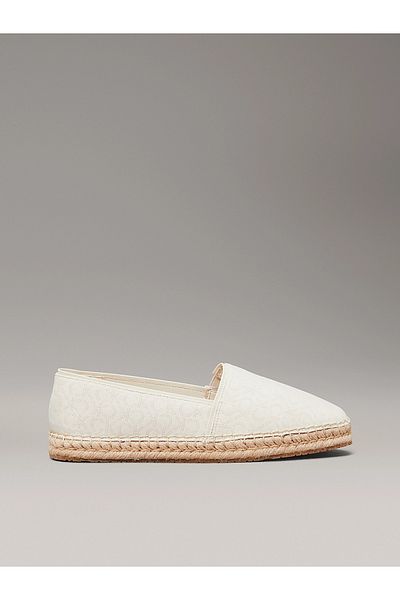 Calvin Klein Women's Ck Inscriptions Pattern Straw Flat Sole Beige Ballerinas Hw0Hw02467-Aeo