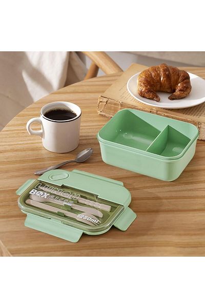 COOYA Green Lunch Box, 1250 Ml, With Cutlery and 2 Compartments, Leakproof, For Picnics, School