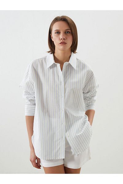 LC Waikiki Ριγέ Oversize Γυναικείο Πουκάμισο Μικτό Λινό
