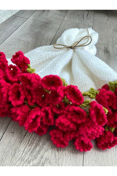 NurEra Design Hand Knitted Pink Flower Bouquet Blanket/Valentine's Day-Mother's Day Immortal Gift/Tv Blanket