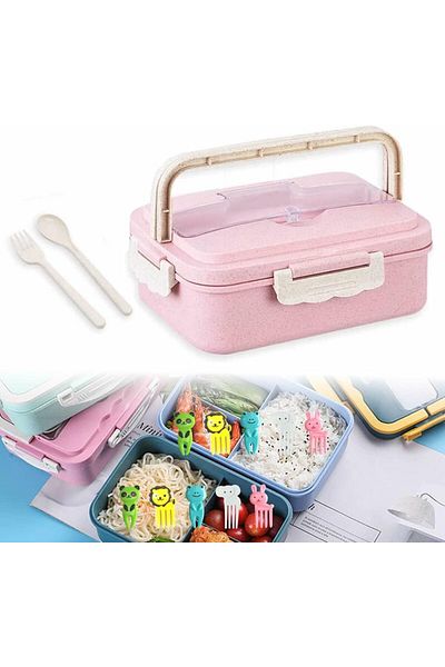 COOYA Pink Lunch Box, 3 Compartments, Portable, With Cutlery, Microwaveable, Suitable for Children Aged 6+