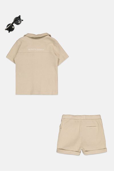 Fudo Toddlers Boy 3pcs Short Sleeve Polo Shirt And Short Set, Beige