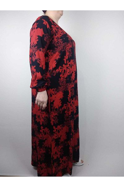 YAŞAR TRİKO Women's Red Pentagonal Collar Long Sleeve Sleeve Ankle Elastic Summer Viscose Long Dress Pulls 2 cm Water