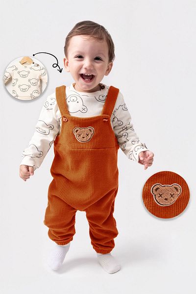 Minigimin Cicileri (3-12 Months) Velvet Bear Poncho Embroidery Detailed Baby Boy Suit - Orange