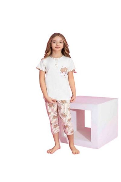 Tarık Girl's 100% Cotton Lycra Combed Rainbow Bear Printed Short Sleeve Cream Capri Summer Pajama Set
