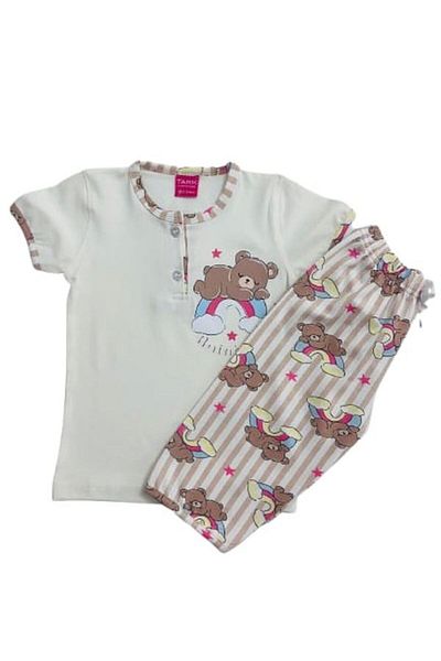 Tarık Girl's 100% Cotton Lycra Combed Rainbow Bear Printed Short Sleeve Cream Capri Summer Pajama Set