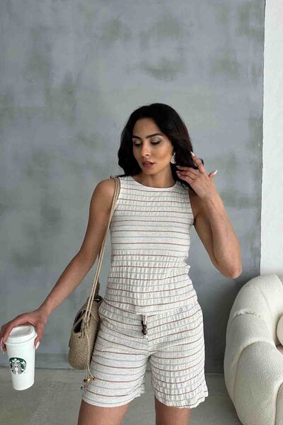 Cappmoda Tkm-03619 Mink Striped Linen Fabric Round Neck Blouse Tie Shorts Double Set